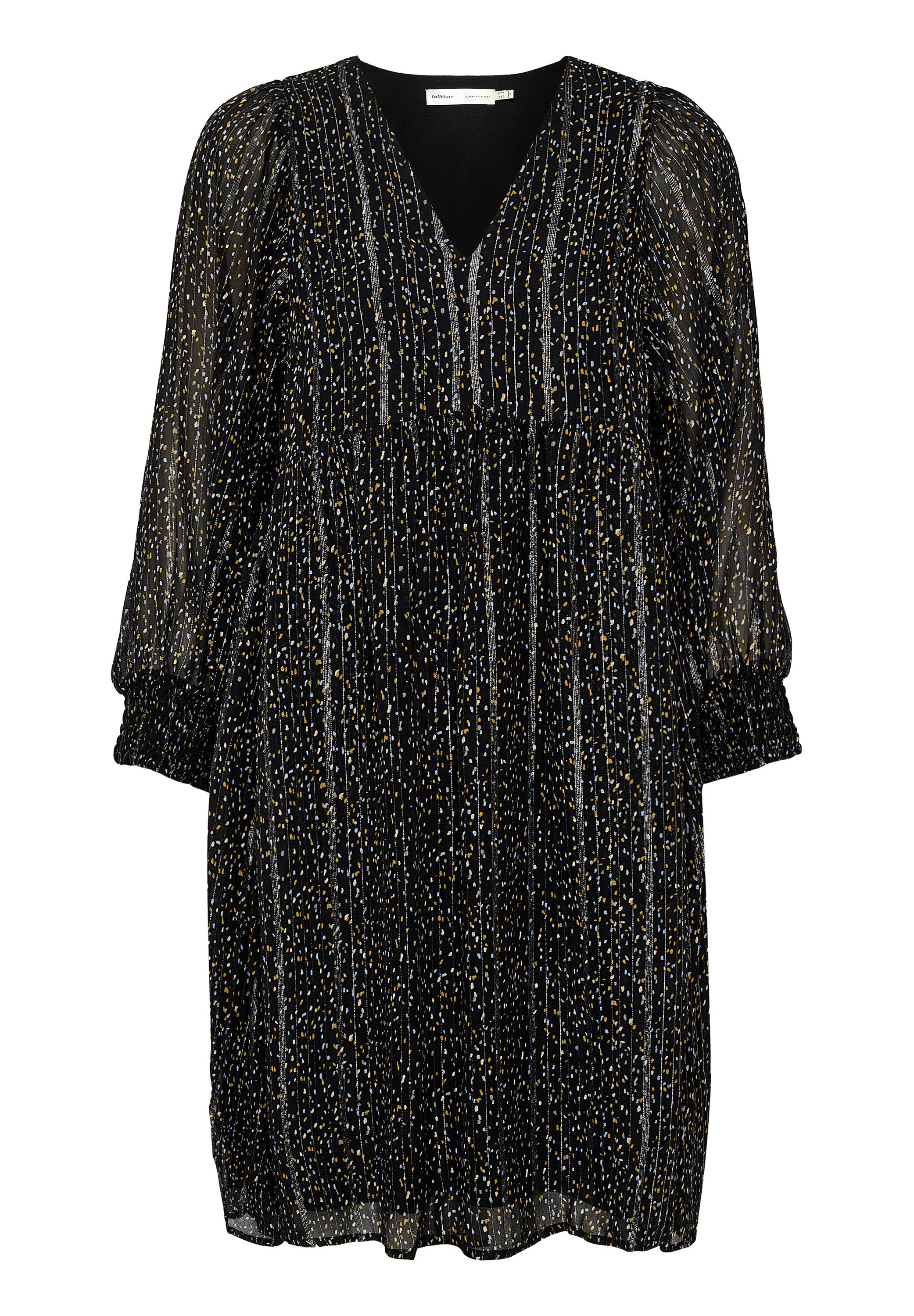 Schwarzes Kleid mit V-Ausschnitt, langen Ärmeln und gerafften Manschetten. Es hat vertikale Streifen in Gold-, Silber- und Weißtönen auf transparentem Stoff.