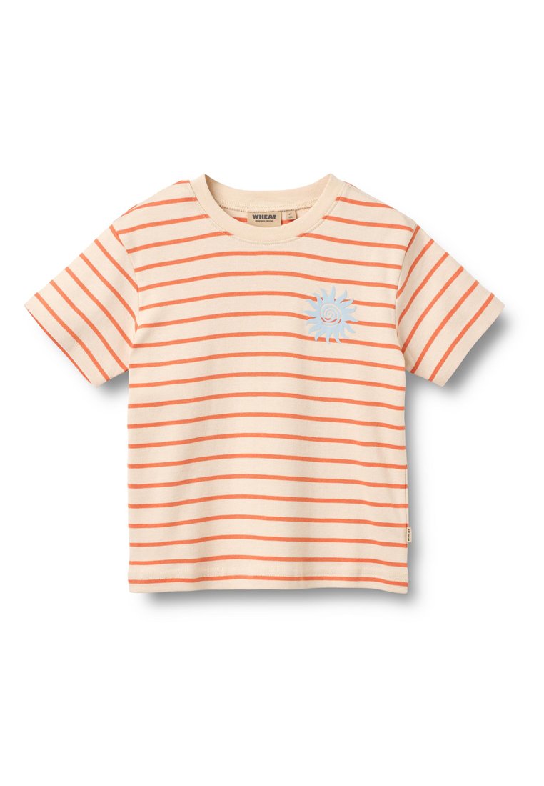 Kurzärmeliges, cremefarbenes T-Shirt mit orangefarbenen horizontalen Streifen und einer blauen Sonne auf der linken Brust. Weiches Baumwollmaterial.