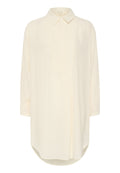 Helle beige Langarmshirt mit spitzem Kragen, strukturierter Karomusterung und abgerundetem Saum. Mit einer Falten-Detailierung an der Vorderseite.