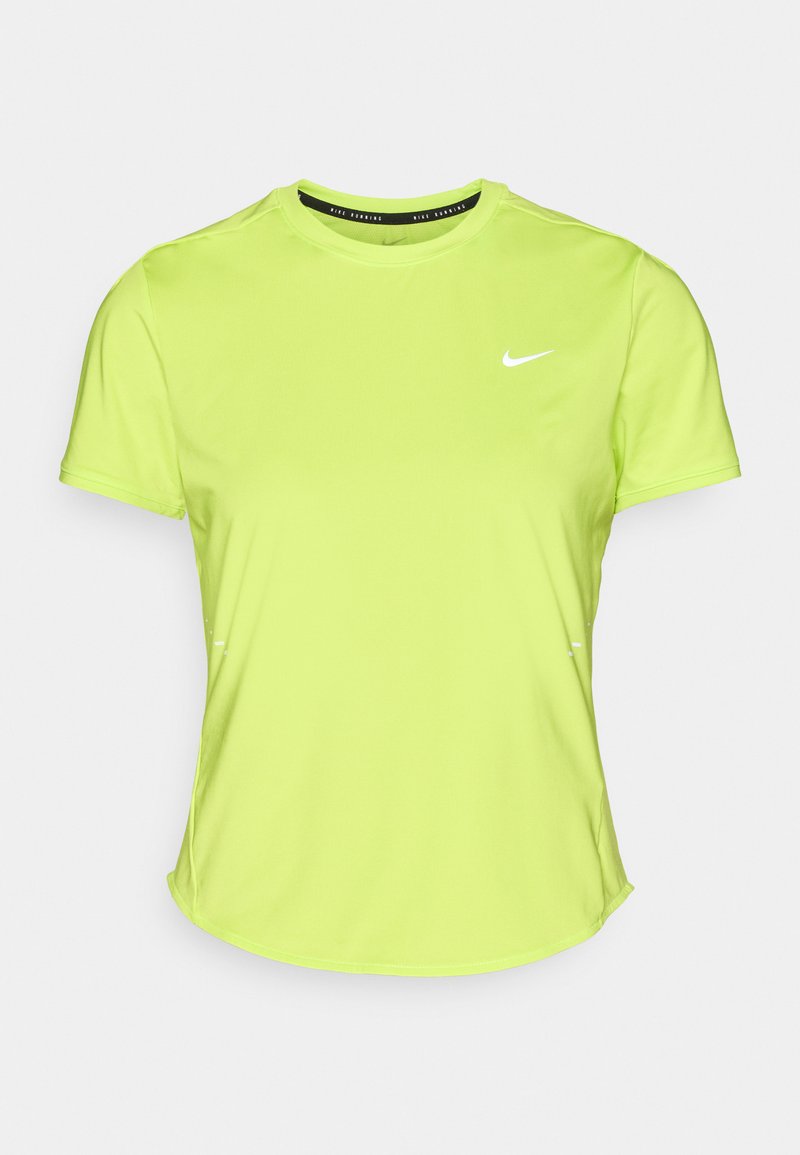 Kurzärmliges, leuchtend neongelbes Nike-Sportshirt mit Rundkragen, glatter Textur und kleinem weißen Logo auf der Brust.