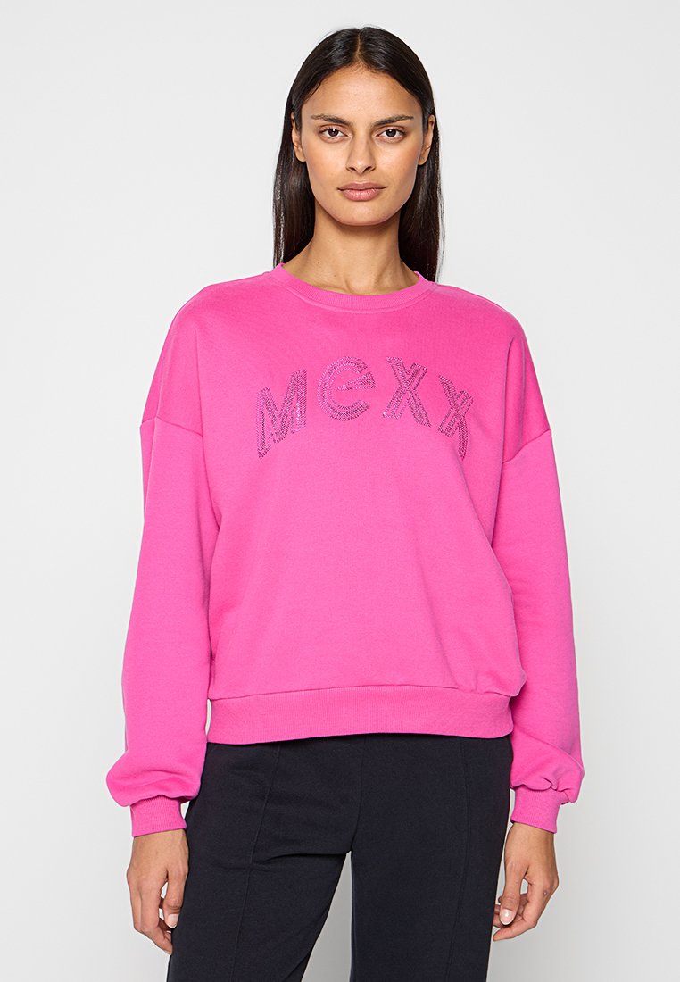 Rosa Sweatshirt mit "MEXX" aus Strasssteinen auf der Vorderseite, Rundhalsausschnitt und lockerem Schnitt mit gerippten Bündchen und Saum.