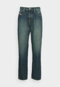 Dunkelblaue Denim-Jeans mit geradem Bein, Fronttaschen, Gürtelschlaufen, Knopfverschluss und verblassten Details an Oberschenkeln und Knien.