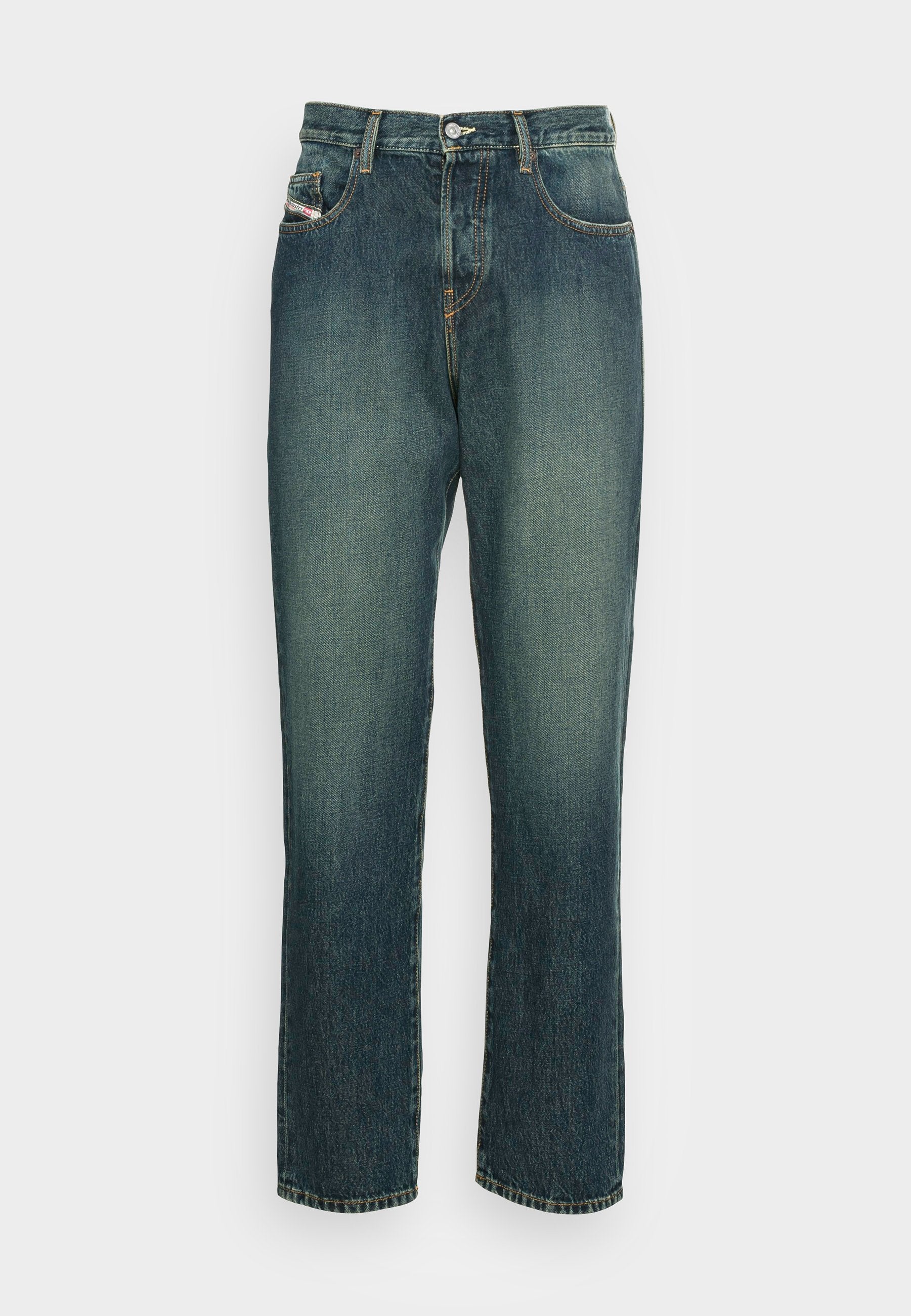 Dunkelblaue Denim-Jeans mit geradem Bein, Fronttaschen, Gürtelschlaufen, Knopfverschluss und verblassten Details an Oberschenkeln und Knien.