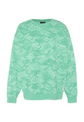 Grünes Crewneck-Sweatshirt mit wiederholtem Muster laufender Kängurus in verschiedenen Farbschattierungen und Polka-Dots, mit gerippten Bündchen und Saum.