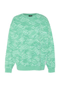 Grünes Crewneck-Sweatshirt mit wiederholtem Muster laufender Kängurus in verschiedenen Farbschattierungen und Polka-Dots, mit gerippten Bündchen und Saum.