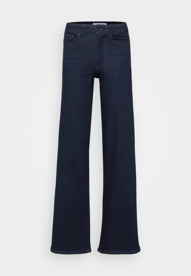 Dunkelblaue, weit geschnittene Jeans aus Denim. Verfügt über ein klassisches Fünf-Taschen-Design, einen vorderen Knopfverschluss und gerade Nähte.