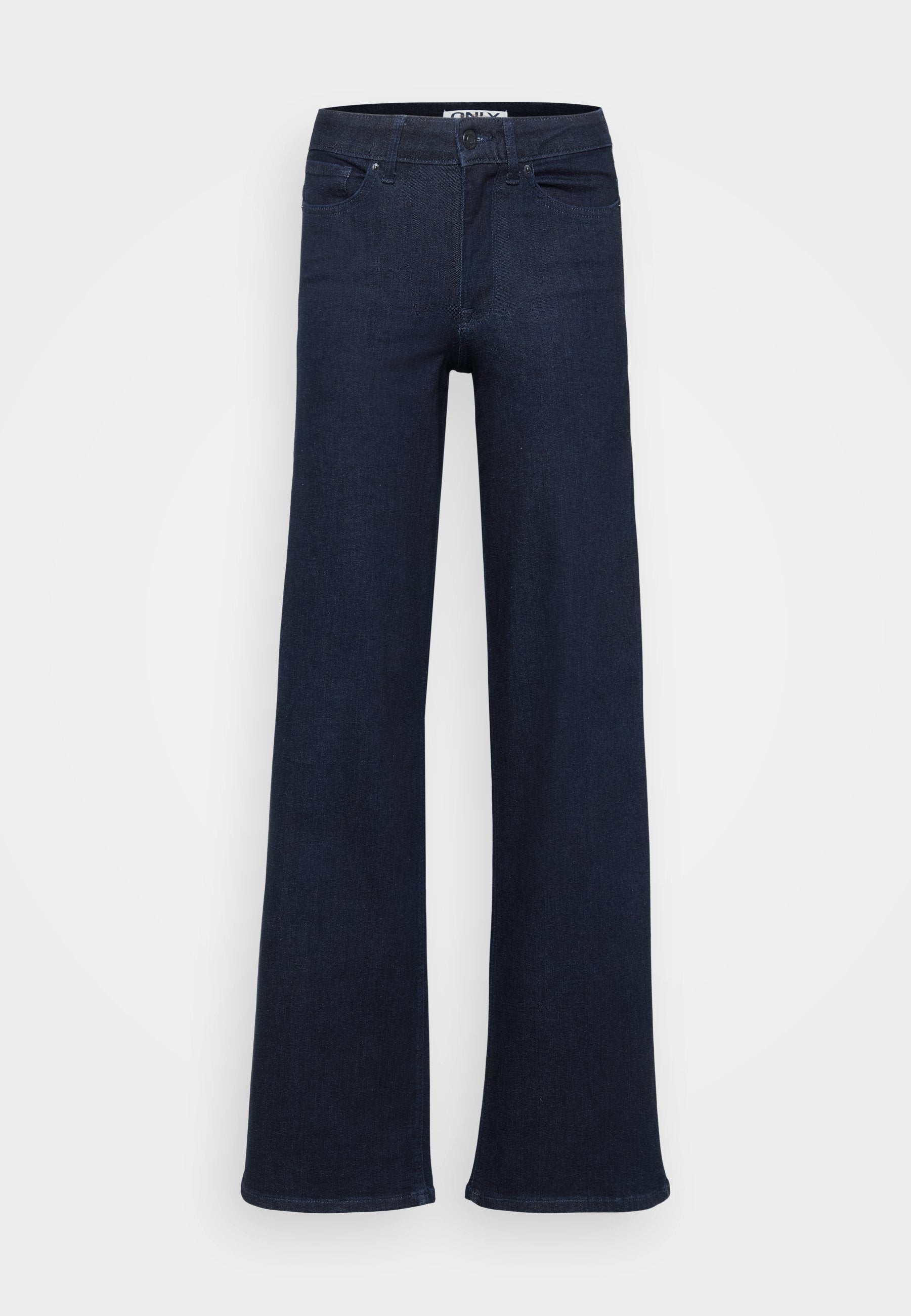 Dunkelblaue, weit geschnittene Jeans aus Denim. Verfügt über ein klassisches Fünf-Taschen-Design, einen vorderen Knopfverschluss und gerade Nähte.