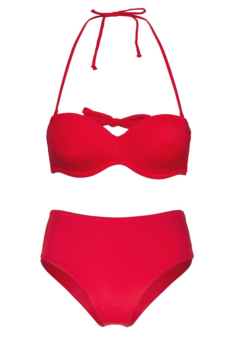 Rotes Bikini-Set mit einem trägerlosen, geformten Oberteil mit einem mittigen Ausschnitt und gebundenem Halterneck; passendes hoch tailliertes Unterteil in einfarbigem Rot.