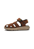Braune Leder-Sandale mit offenem Zehenbereich, verstellbarem Riemen, Gummisohle und geprägt Logo. Mit gelben Akzenten am Riemen.