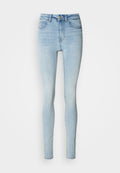 Hellblaue, hoch taillierte Skinny-Jeans aus Denim mit Knopfleiste, fünf Taschen und glatter Textur.