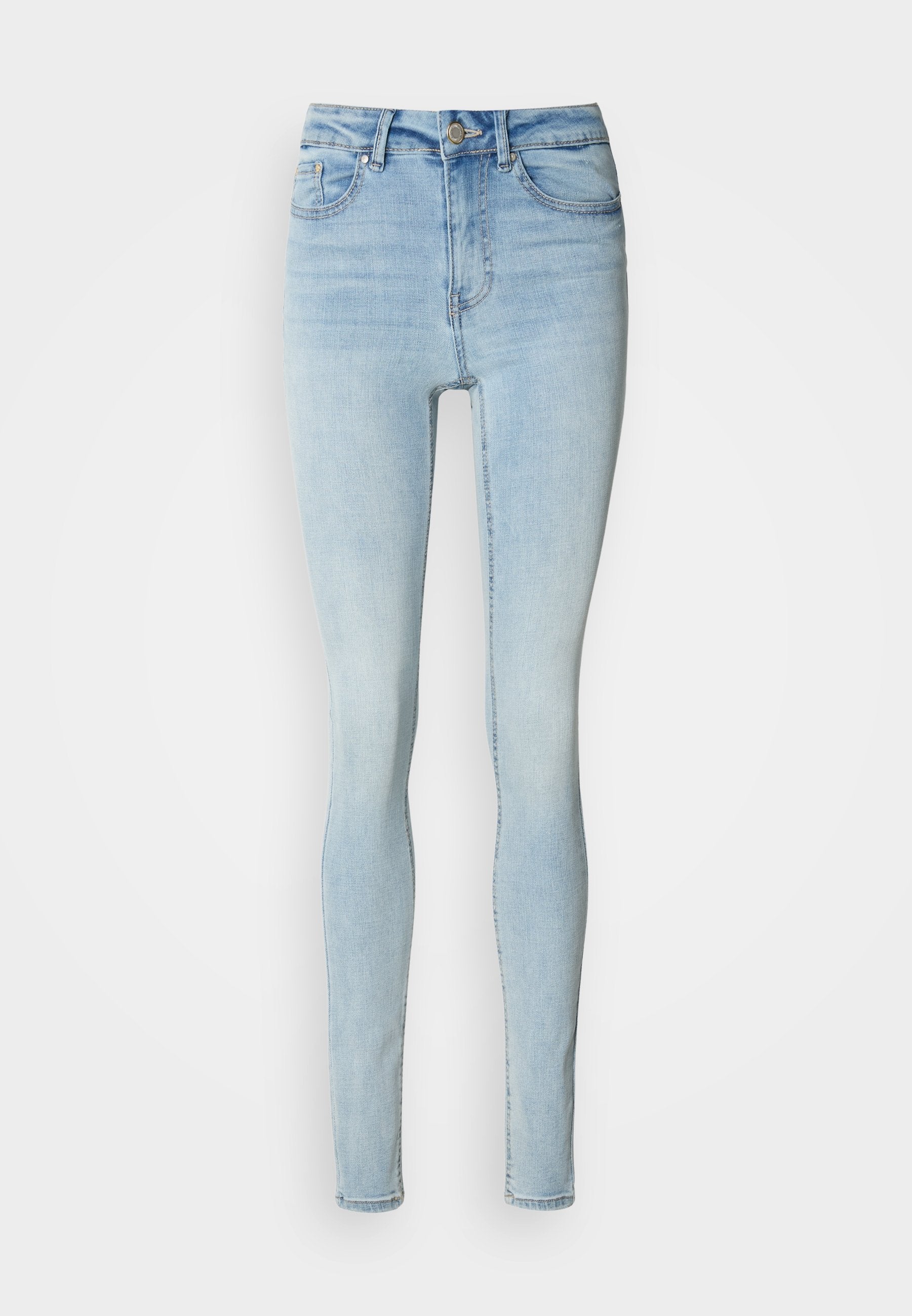 Hellblaue, hoch taillierte Skinny-Jeans aus Denim mit Knopfleiste, fünf Taschen und glatter Textur.