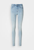 Hellblaue, hoch taillierte Skinny-Jeans aus Denim mit Knopfleiste, fünf Taschen und glatter Textur.