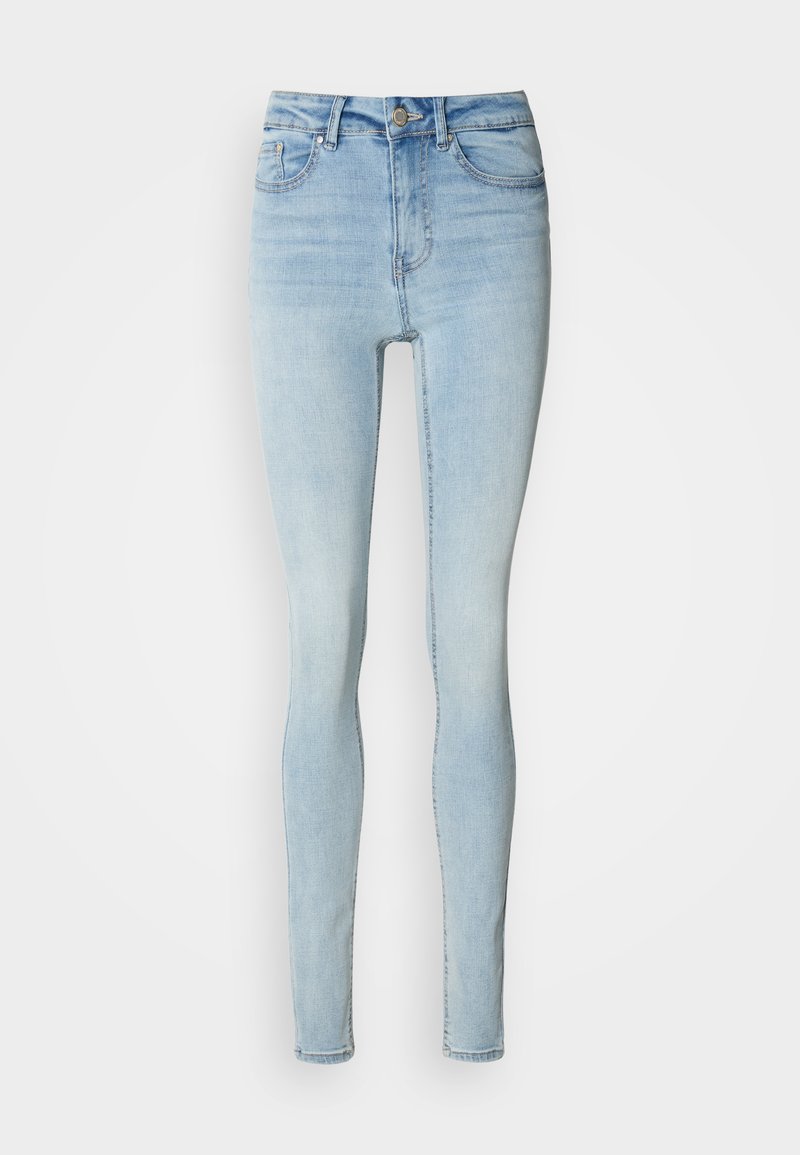 Hellblaue, hoch taillierte Skinny-Jeans aus Denim mit Knopfleiste, fünf Taschen und glatter Textur.
