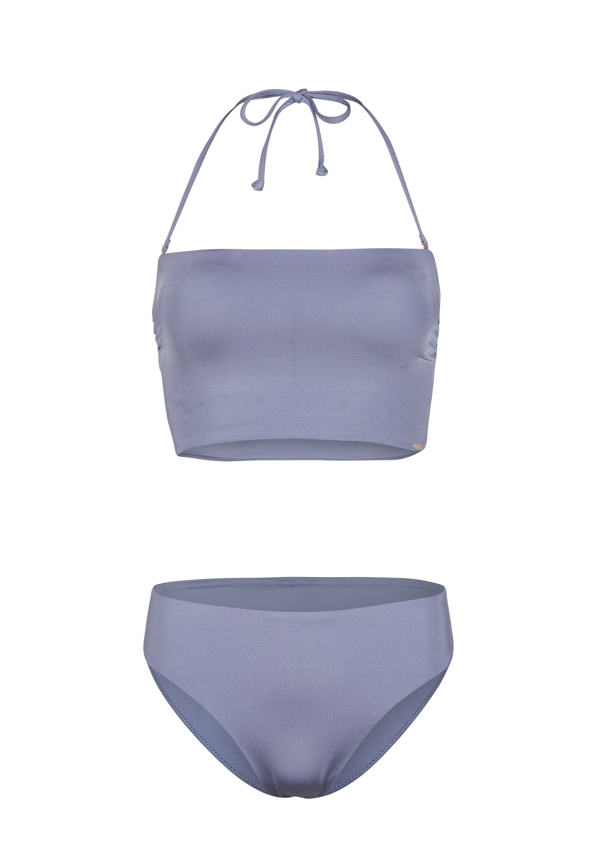 Zweiteiliges Bikini-Set in hellem Lavendel. Das Oberteil verfügt über eine Bindeschnur und ein nahtloses Design; die Unterteile haben eine glatte Oberfläche und eine mittlere Bedeckung.