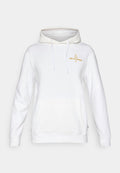 Weißer Hoodie mit einer Fronttasche, ausgestattet mit einer Kapuze mit Kordelzug und goldener Stickerei mit der Aufschrift "Surf Côte Atlantique". Angenehme Textur, lässiger Schnitt.
