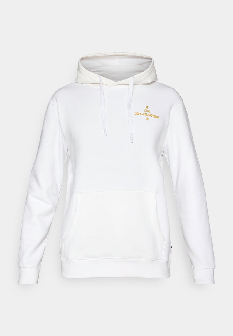 Weißer Hoodie mit einer Fronttasche, ausgestattet mit einer Kapuze mit Kordelzug und goldener Stickerei mit der Aufschrift "Surf Côte Atlantique". Angenehme Textur, lässiger Schnitt.
