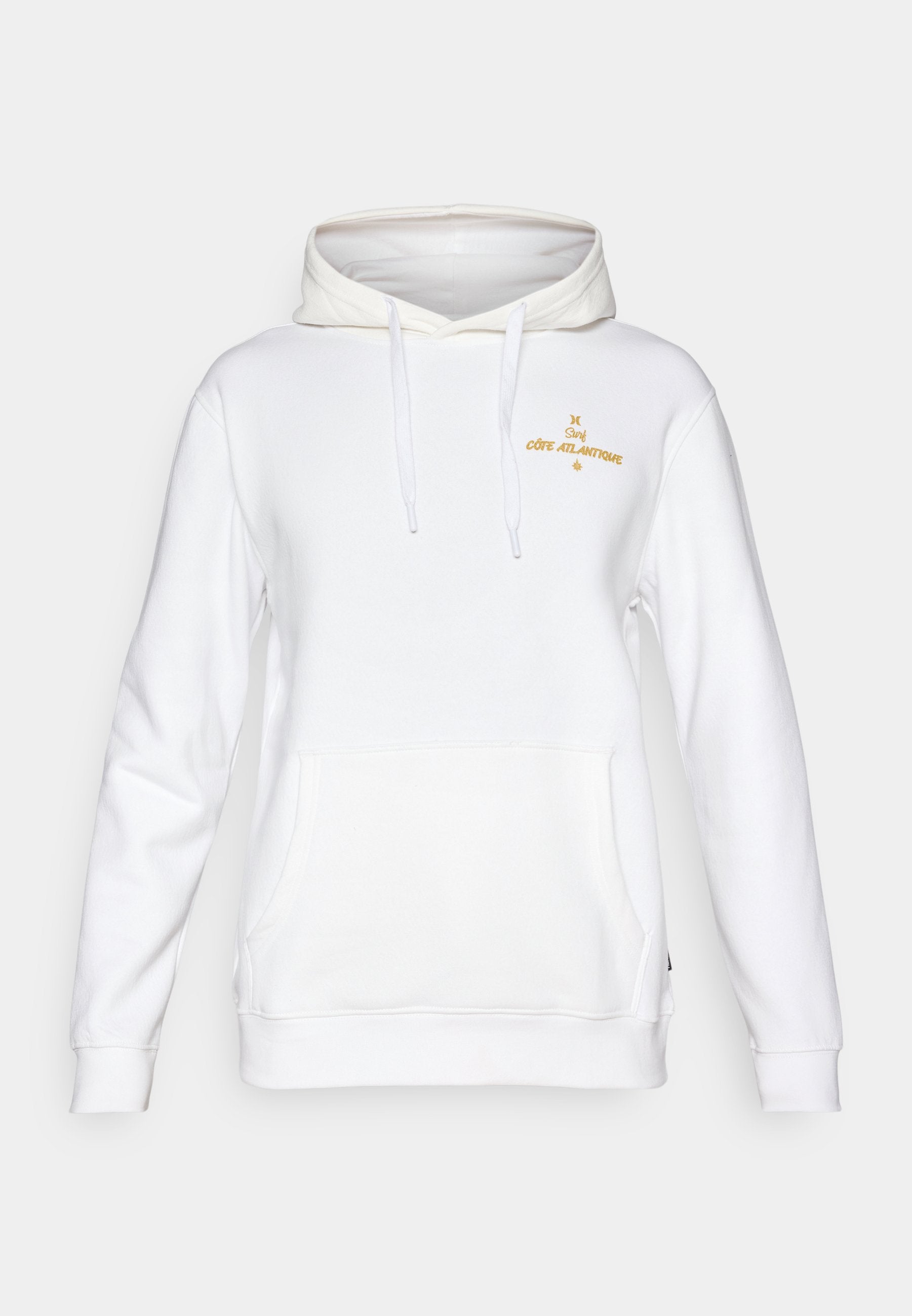 Weißer Hoodie mit einer Fronttasche, ausgestattet mit einer Kapuze mit Kordelzug und goldener Stickerei mit der Aufschrift "Surf Côte Atlantique". Angenehme Textur, lässiger Schnitt.