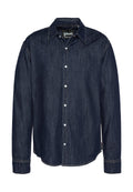 Dunkelblaues Denim-Hemd mit langen Ärmeln, spitzem Kragen, Knopfleiste und kontrastierenden Nähten. Verfügt über einen geraden Saum mit Seitenschlitzen.