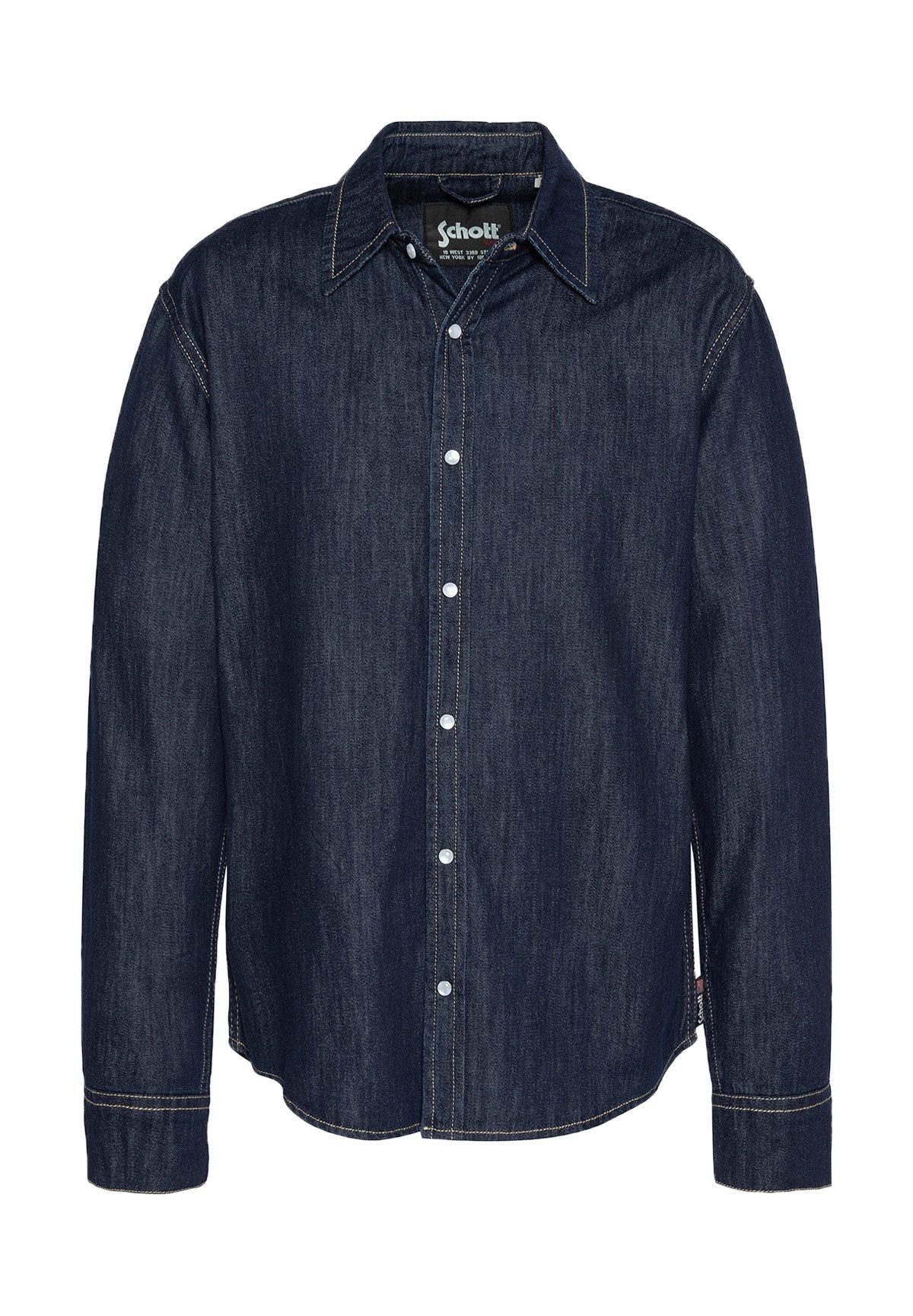 Dunkelblaues Denim-Hemd mit langen Ärmeln, spitzem Kragen, Knopfleiste und kontrastierenden Nähten. Verfügt über einen geraden Saum mit Seitenschlitzen.