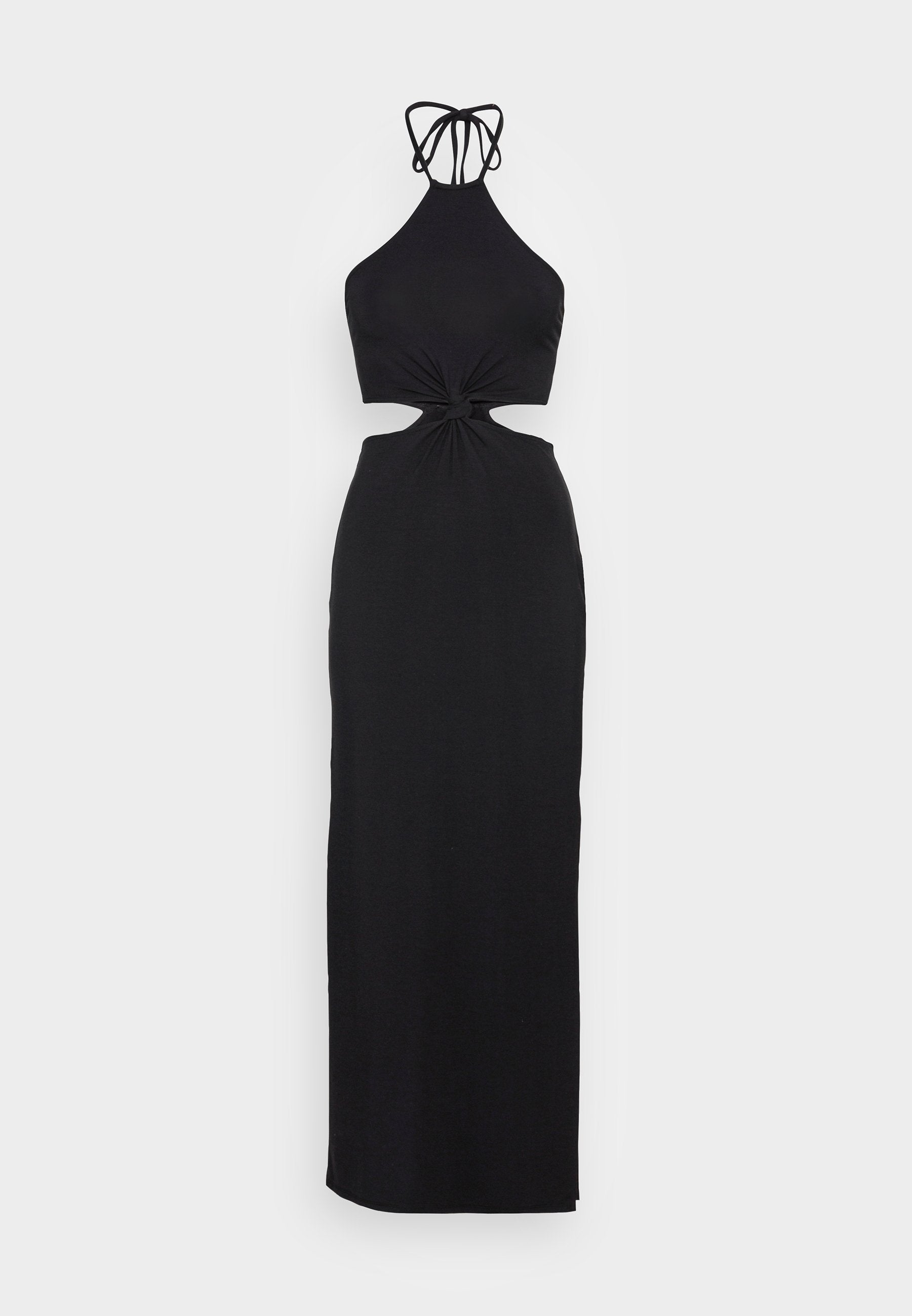 Schwarzes Maxikleid mit Halteroberteil und Ausschnitt in der Taille, mit geknoteten Details in der Mitte, aus glattem Stoff gefertigt. Einfaches, figurbetontes Design.