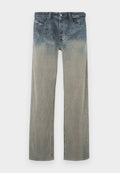 Verblasste Jeans aus Denim mit hoher Taille, geradem Bein und einem Ombre-Effekt, der von Dunkelblau zu Hellgrau am unteren Teil übergeht.