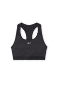 Schwarzer Sport-BH aus glattem, elastischem Material. Mit Racerback-Design und einem markierten elastischen Bund am Boden. Ohne Polsterung.