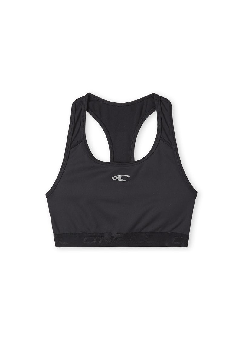 Schwarzer Sport-BH aus glattem, elastischem Material. Mit Racerback-Design und einem markierten elastischen Bund am Boden. Ohne Polsterung.