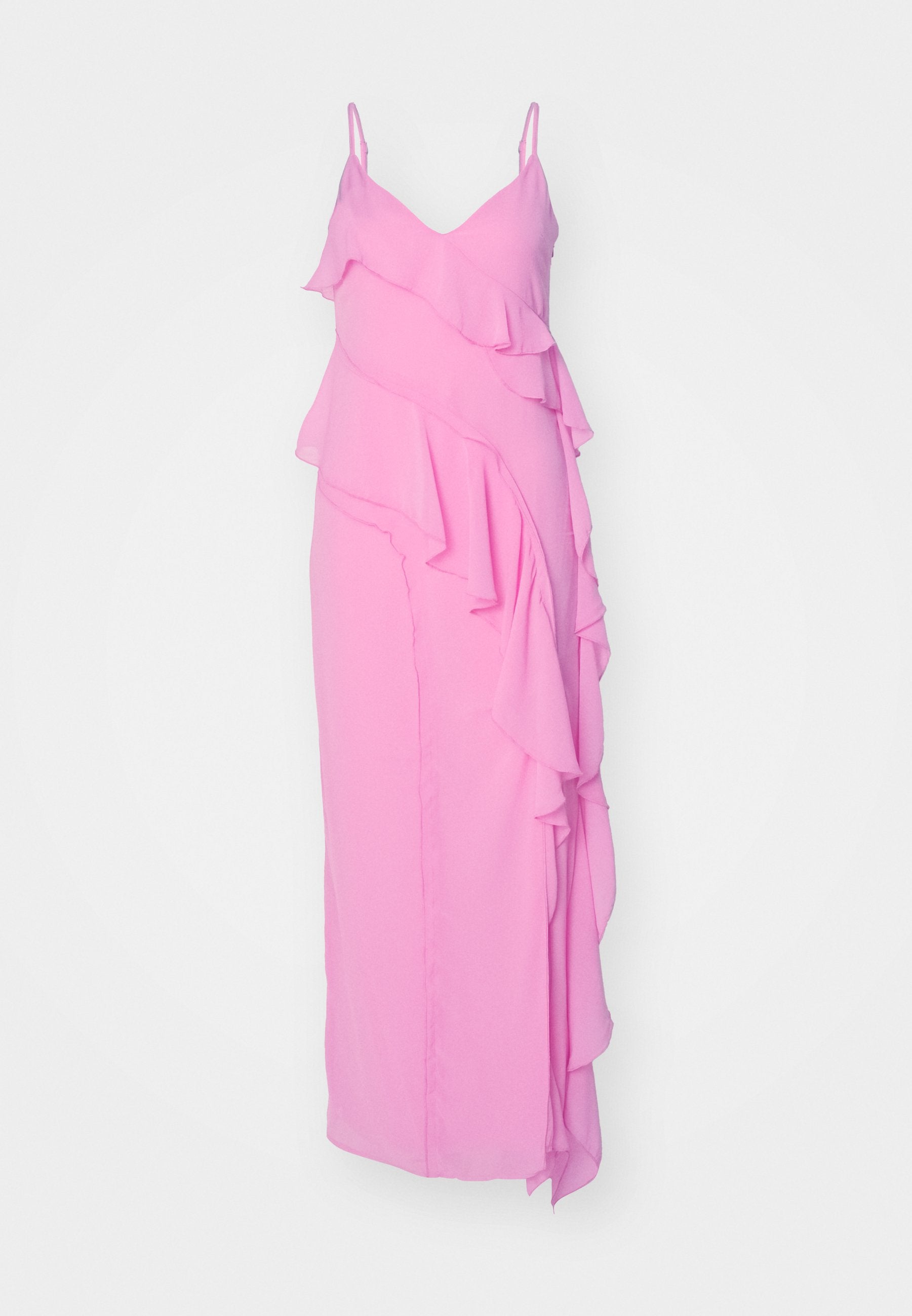Langes pinkes Kleid mit Spaghetti-Trägern, das ein kaskadierendes Rüschendesign an der Seite aufweist und aus leichtem Stoff gefertigt ist. Glatte Textur.