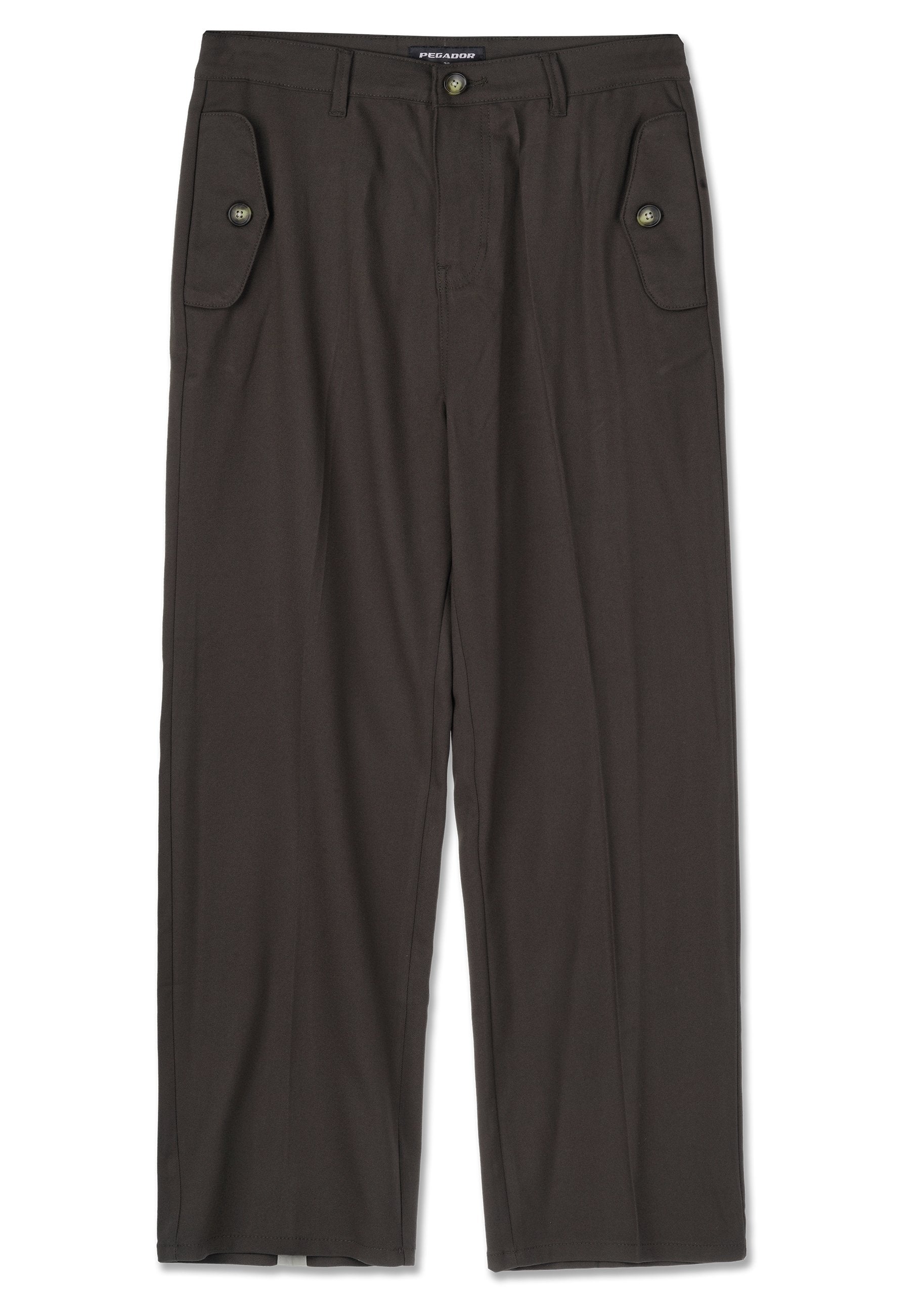 Dunkelbraune, weit geschnittene Hose aus glattem Stoff, ausgestattet mit zwei seitlichen Taschen mit Knopfverschlüssen und einem klassischen Taillendesign.