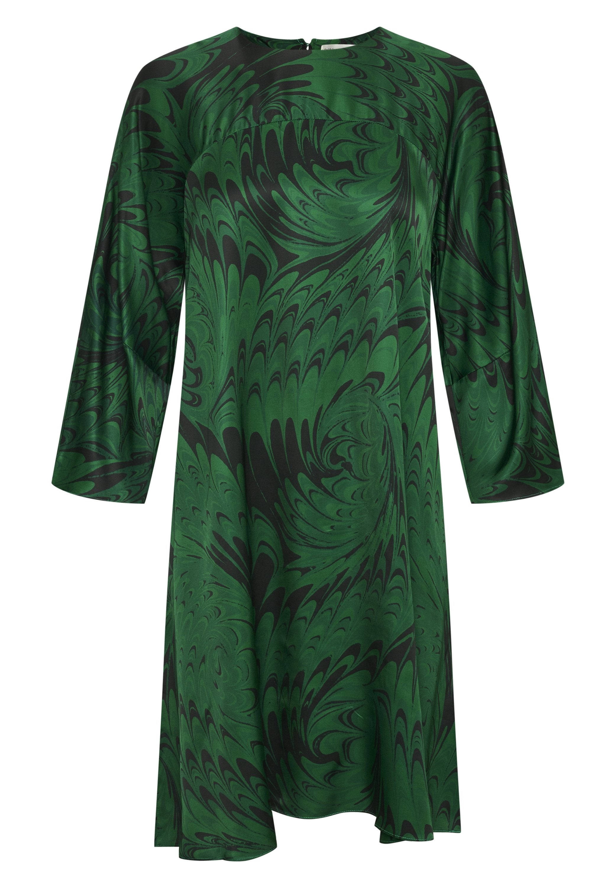 Grünes Kleid mit einem wirbelnden schwarzen Muster, langärmlig, mit rundem Halsausschnitt und lässiger Passform. Hergestellt aus leichtem Stoff.