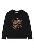 Schwarzer Sweatshirt mit Rundhalsausschnitt, featuring einem orangefarbenen Baum-Logo und dem Text "TIMBERLAND SINCE 1973". Weicher Stoff mit gerippten Bündchen.