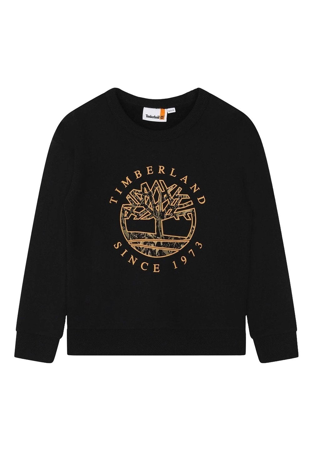 Schwarzer Sweatshirt mit Rundhalsausschnitt, featuring einem orangefarbenen Baum-Logo und dem Text "TIMBERLAND SINCE 1973". Weicher Stoff mit gerippten Bündchen.