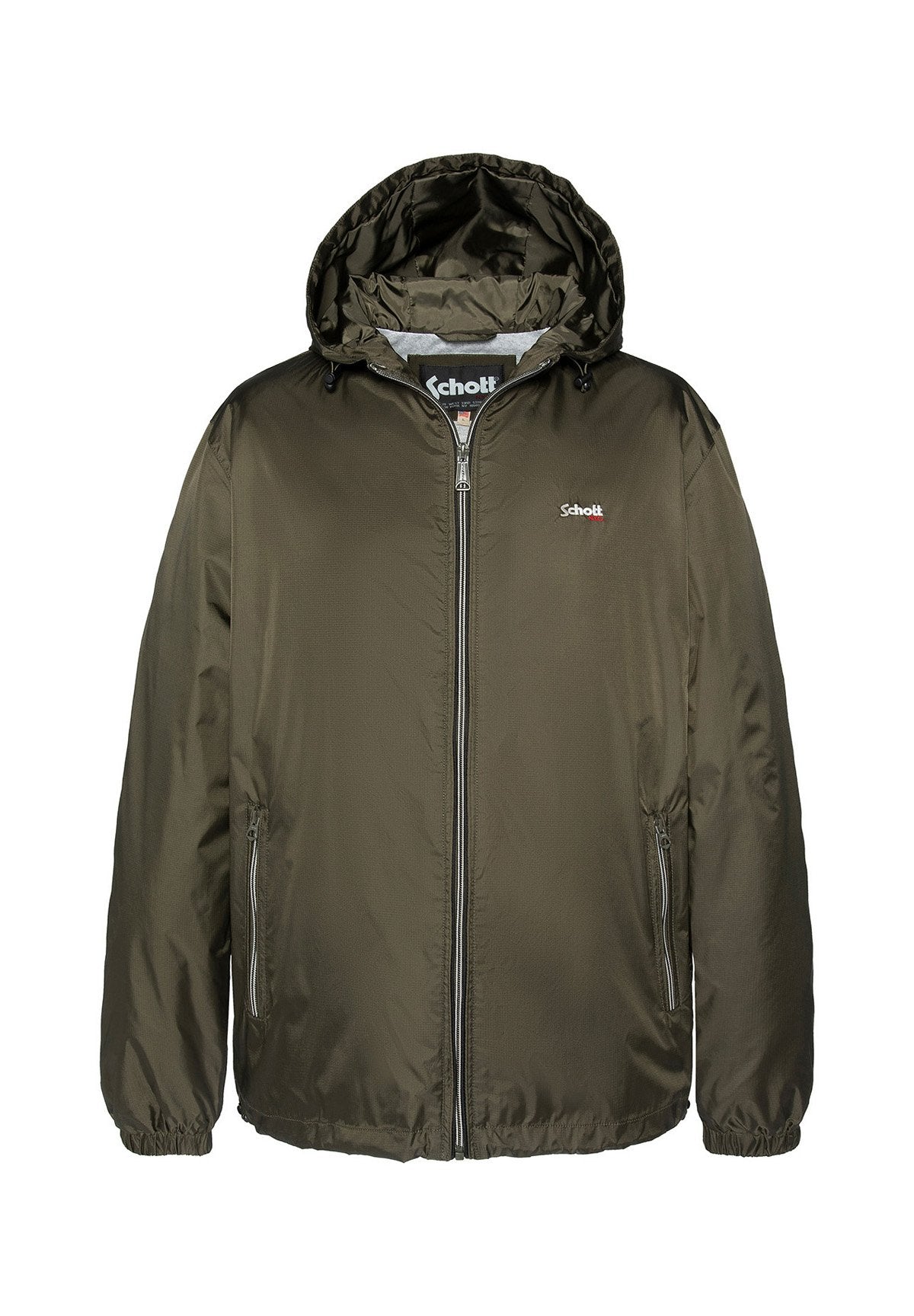 Olivegrüne Kapuzenjacke aus leichtem, glänzendem Material. Verfügt über einen Frontreißverschluss, elastische Bündchen und ein Logo auf der linken Brust.