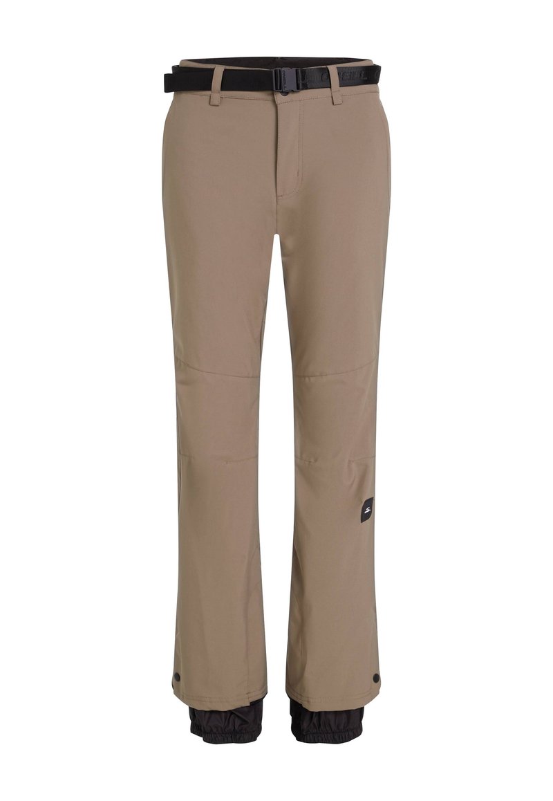 Braune Outdoor-Hosen mit einem schwarzen Gürtel, ausgestattet mit einem weichen Innenfutter, verstellbaren Bündchen und zwei Seitentaschen. Robustes und wetterfestes Material.