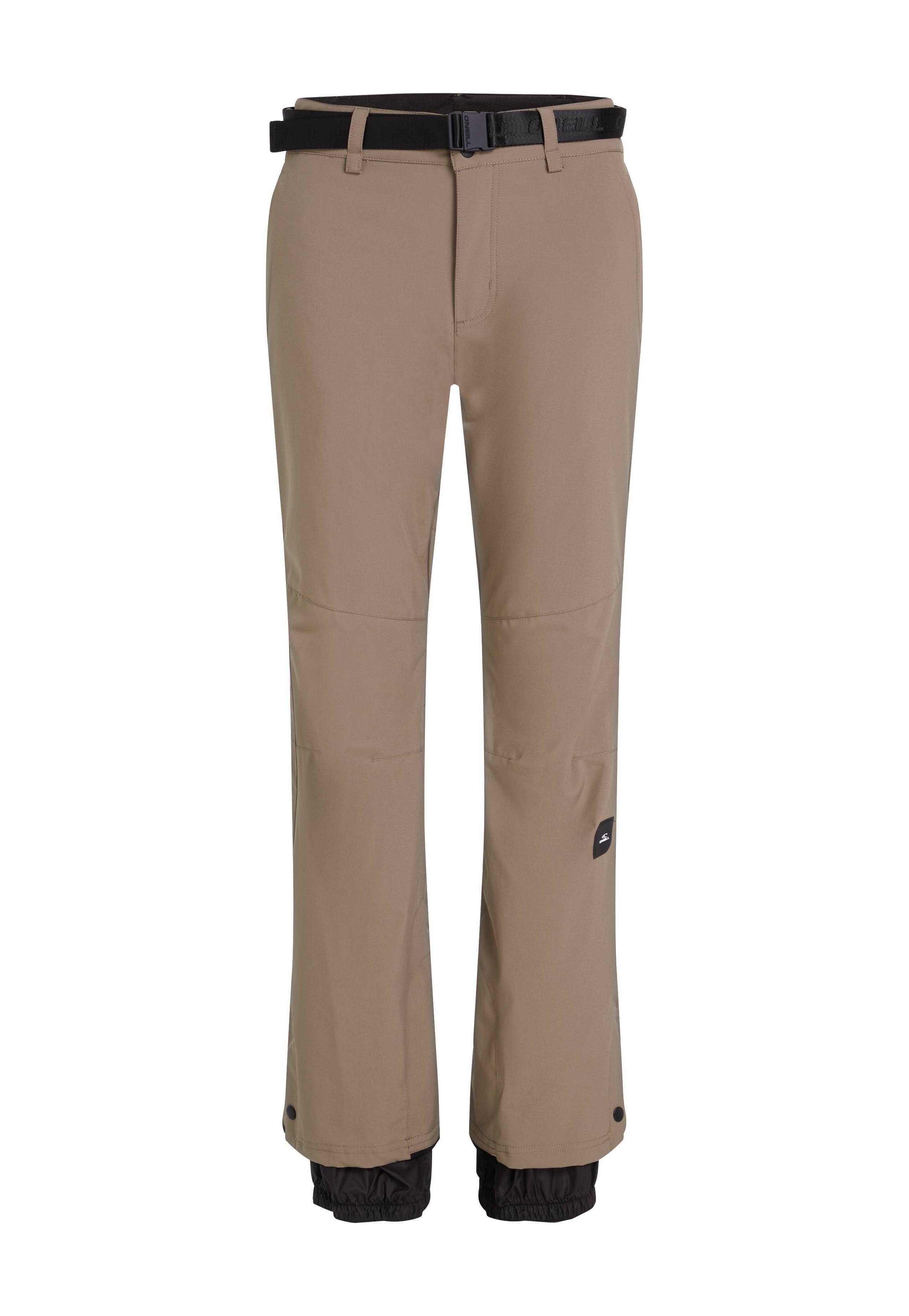 Braune Outdoor-Hosen mit einem schwarzen Gürtel, ausgestattet mit einem weichen Innenfutter, verstellbaren Bündchen und zwei Seitentaschen. Robustes und wetterfestes Material.
