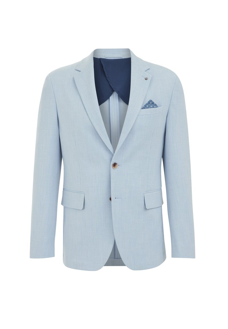 Hellblaues Blazer aus strukturiertem Stoff, mit zwei vorderen Taschen und einem marineblauen Futter, das ein gemustertes Taschentuch enthält.