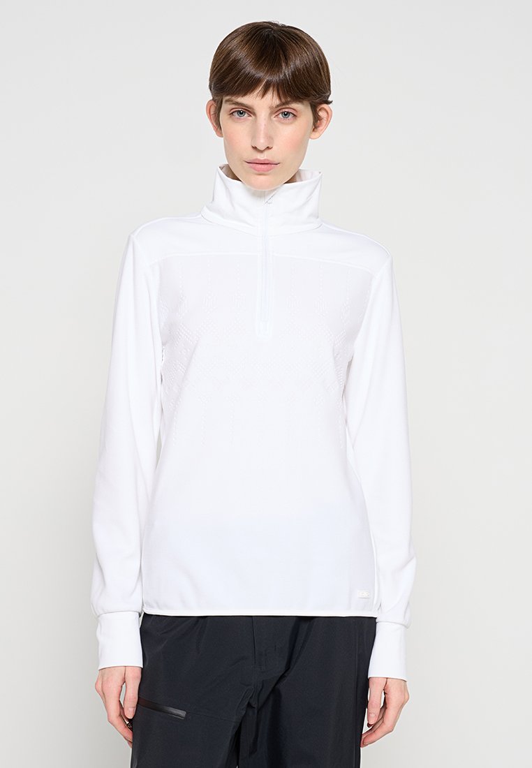 Weißer Langarm-Halb-Zip-Pullover mit einer strukturierten Brustpartie, weichem Stoff und hochgeschlossenem Kragen.