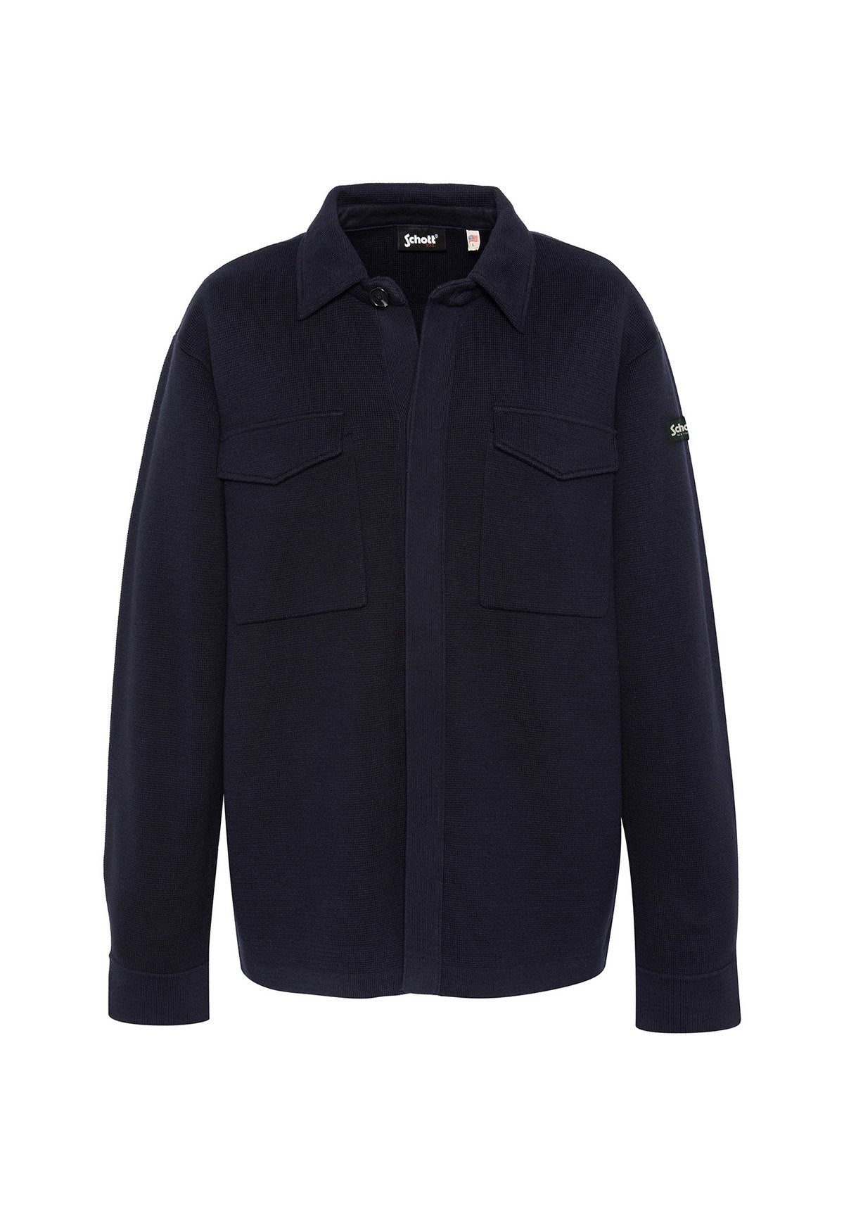 Navyblaues Hemd mit Knöpfen aus strukturiertem Stoff, mit zwei Fronttaschen, einem Kragen und einem Logo-Patch am linken Ärmel.