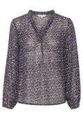 Durchsichtige Bluse mit langen Ärmeln in Blau-, Braun- und Weißtönen mit abstraktem Muster, V-Ausschnitt und lockerer Passform.