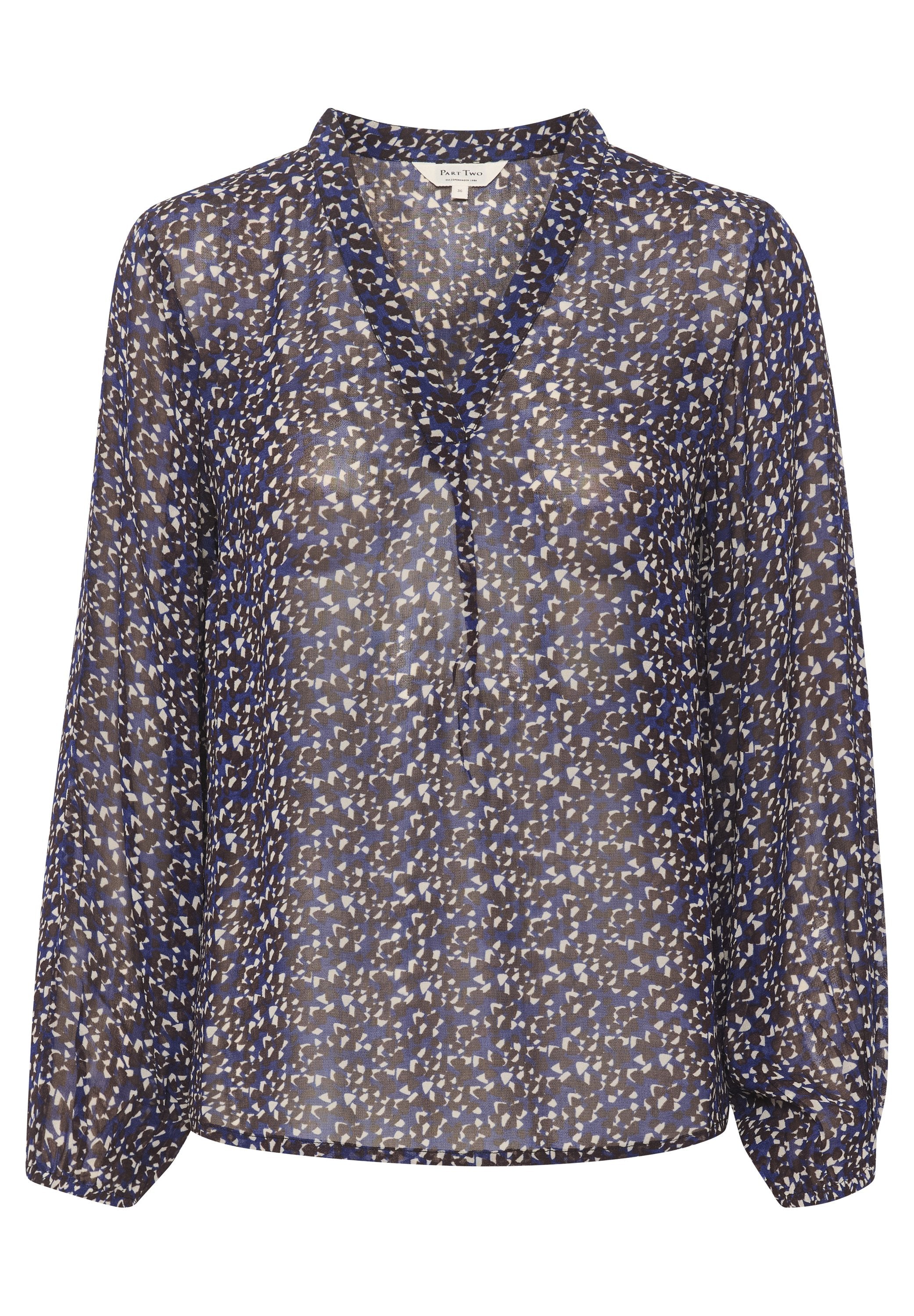 Durchsichtige Bluse mit langen Ärmeln in Blau-, Braun- und Weißtönen mit abstraktem Muster, V-Ausschnitt und lockerer Passform.