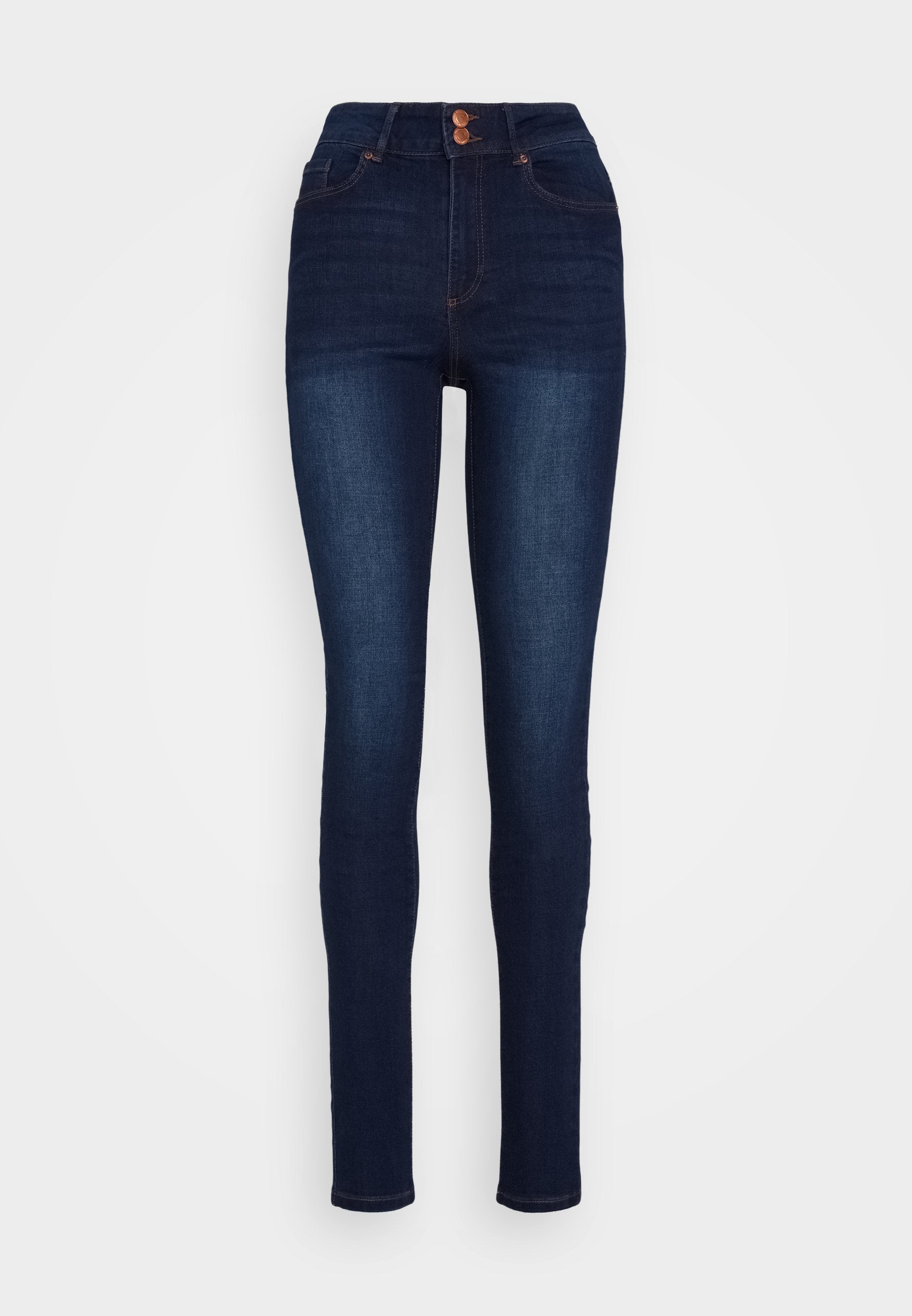 Dunkelblaue, hochgeschnittene Skinny Jeans aus Denim mit Frontknopfverschluss und klassischem Fünf-Taschen-Design sowie dezenten Nähten.