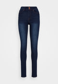 Dunkelblaue, hochgeschnittene Skinny Jeans aus Denim mit Frontknopfverschluss und klassischem Fünf-Taschen-Design sowie dezenten Nähten.