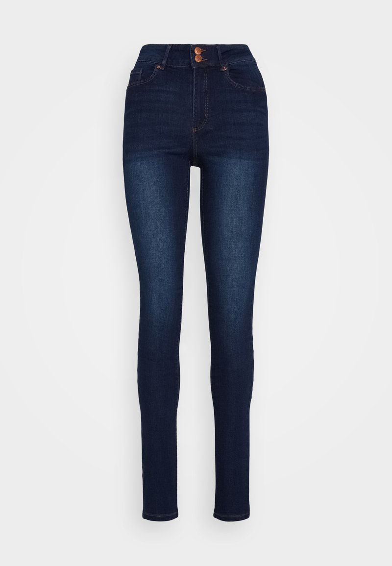 Dunkelblaue, hochgeschnittene Skinny Jeans aus Denim mit Frontknopfverschluss und klassischem Fünf-Taschen-Design sowie dezenten Nähten.