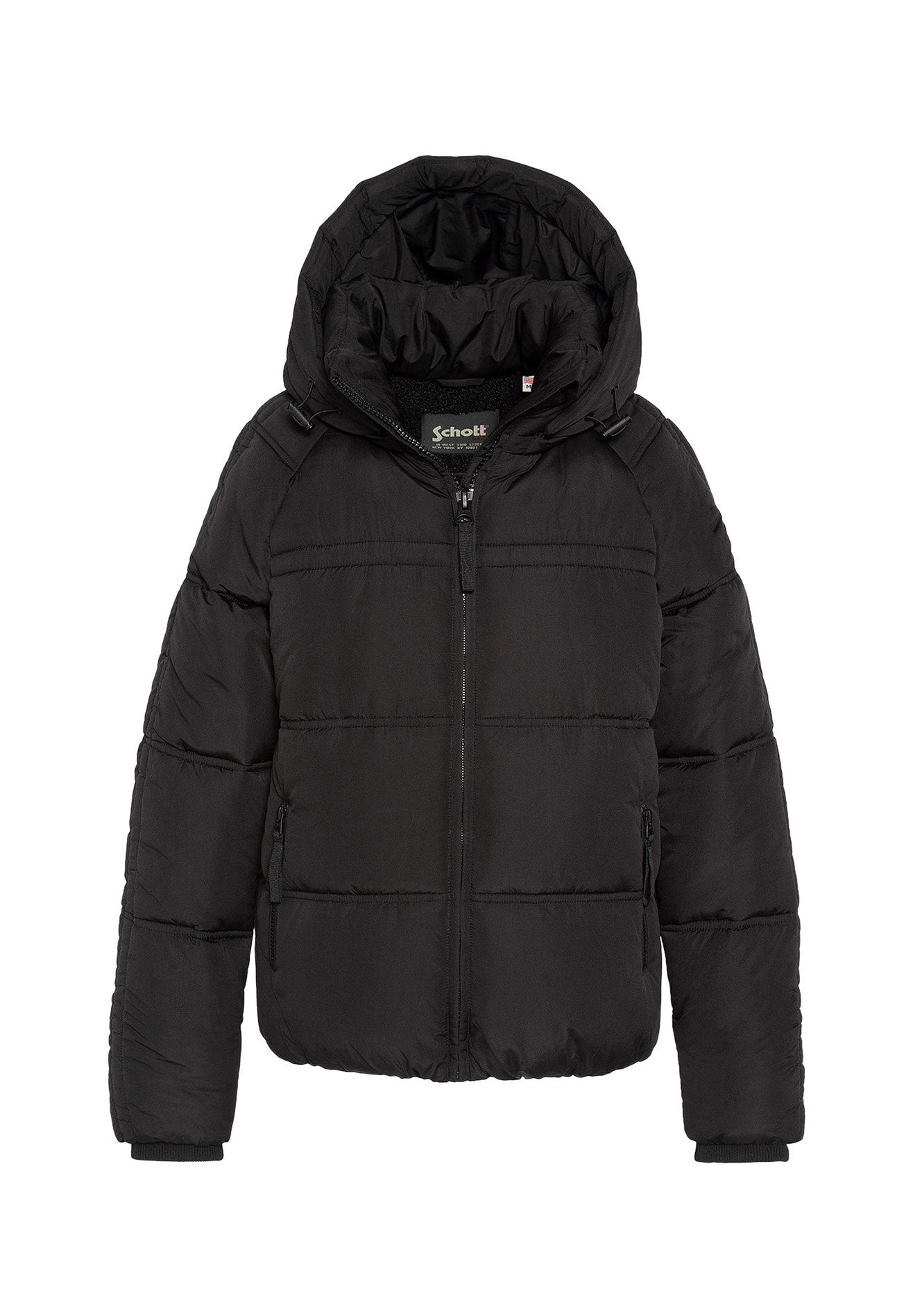 Schwarze Steppjacke mit Kapuze, Reißverschluss, zwei Vordertaschen und gesteppter Textur. Hergestellt aus leichtem, isolierendem Material.