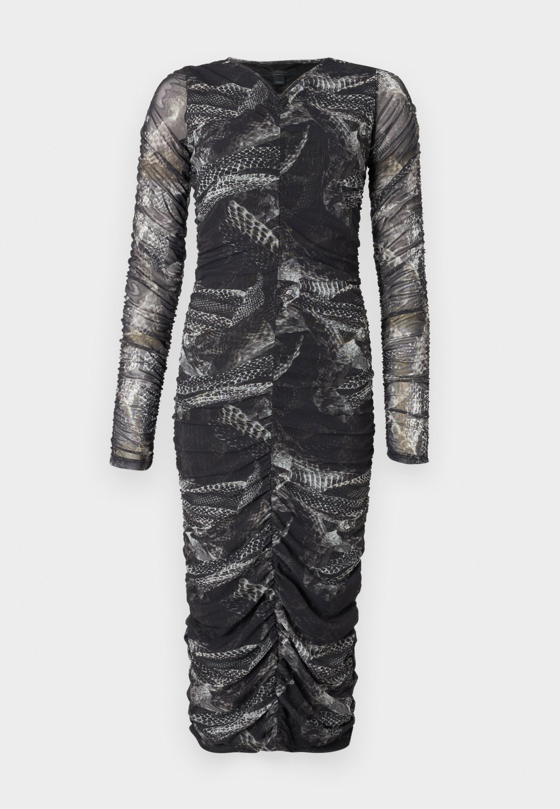Langärmliges, schwarzes, gerafftes Kleid mit einem strukturierten Muster, das Schuppen ähnelt, tiefem V-Ausschnitt und schlanker Silhouette.