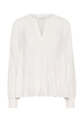 Weiße Bluse mit langen Ärmeln, V-Ausschnitt, frilliertem Stufen-Design und elastischen Bündchen. Hergestellt aus leichtem Stoff mit texturiertem Finish.