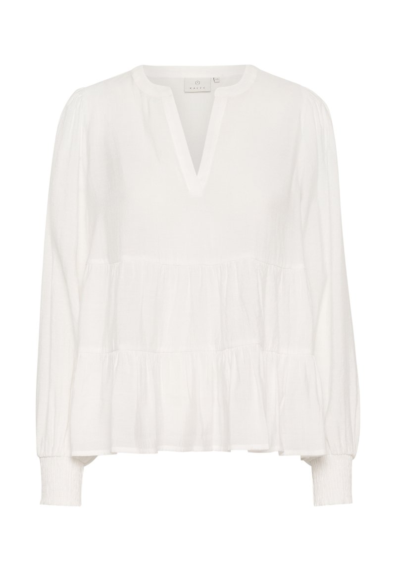 Weiße Bluse mit langen Ärmeln, V-Ausschnitt, frilliertem Stufen-Design und elastischen Bündchen. Hergestellt aus leichtem Stoff mit texturiertem Finish.
