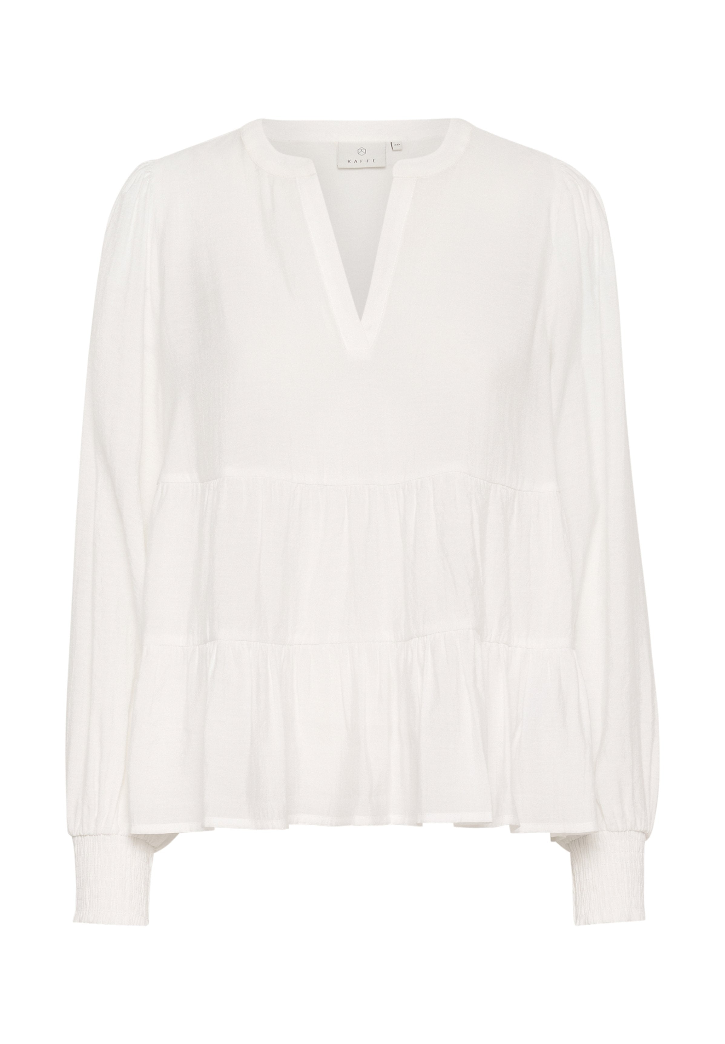 Weiße Bluse mit langen Ärmeln, V-Ausschnitt, frilliertem Stufen-Design und elastischen Bündchen. Hergestellt aus leichtem Stoff mit texturiertem Finish.