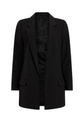 Schwarzer Blazer aus glattem Stoff. Verfügt über einen Reverskragen, zwei Fronttaschen und ein offenes Design. Klassische, taillierte Silhouette.