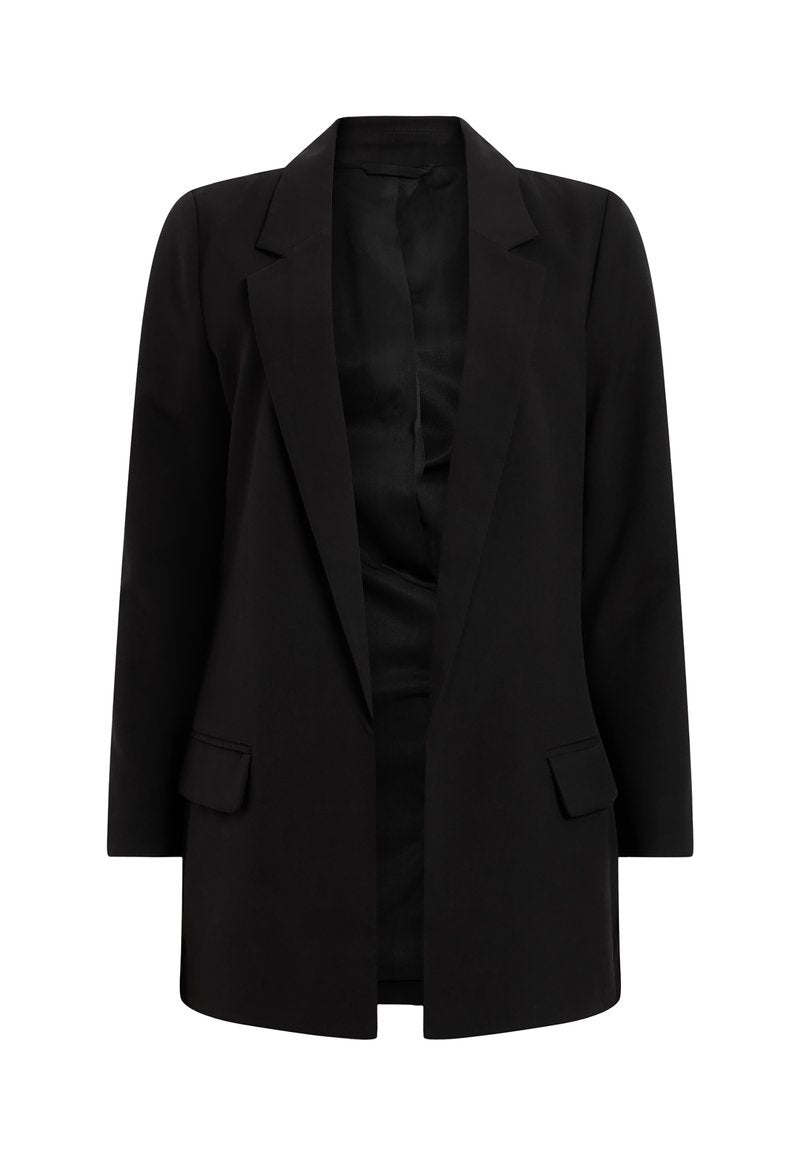 Schwarzer Blazer aus glattem Stoff. Verfügt über einen Reverskragen, zwei Fronttaschen und ein offenes Design. Klassische, taillierte Silhouette.